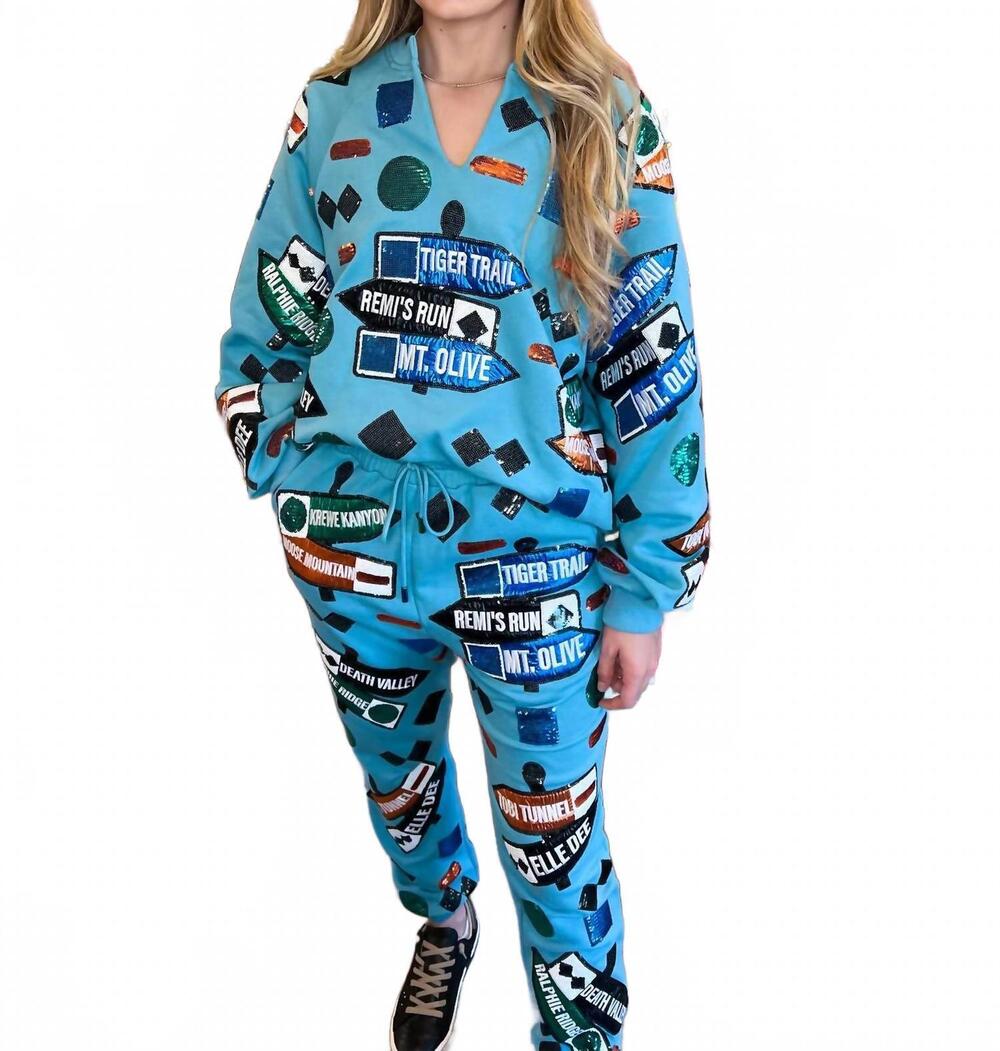 NEW QUEEN OF SPARKLES ski signs joggers in blue
